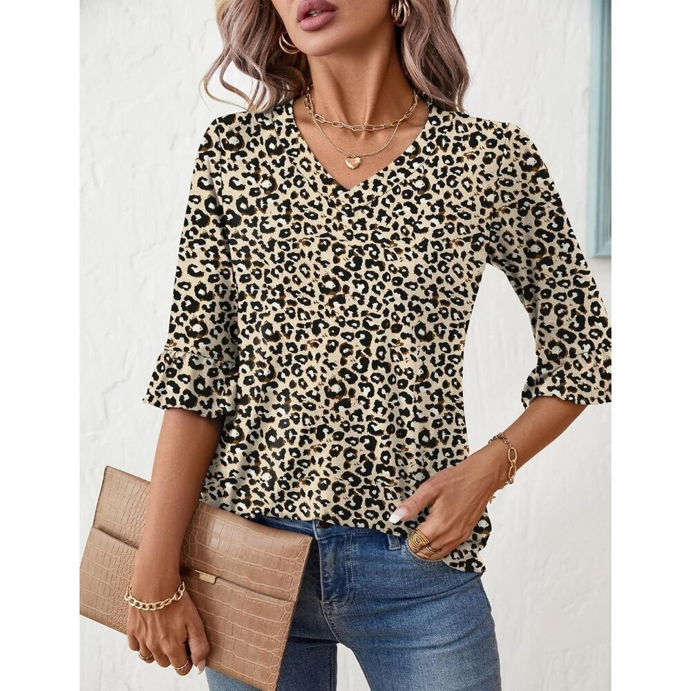 Womens V-Neck Eyelet Tunic Top 3/4 Sleeve Casual Dressy Summer Blouse - Picture 3 of 5